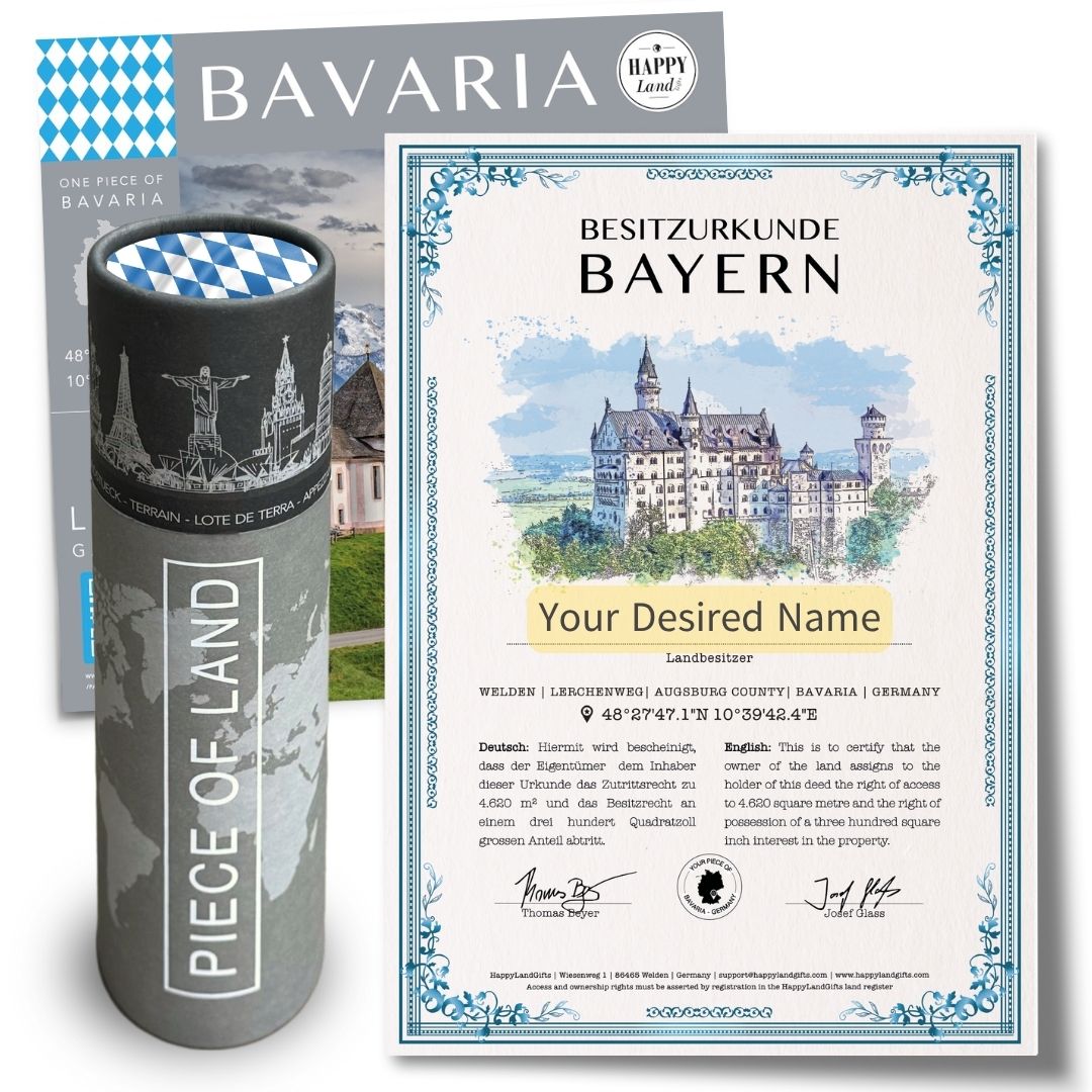 Cylindrical container with Bavaria skyline print and certificate featuring Neuschwanstein Castle, customizable name section.