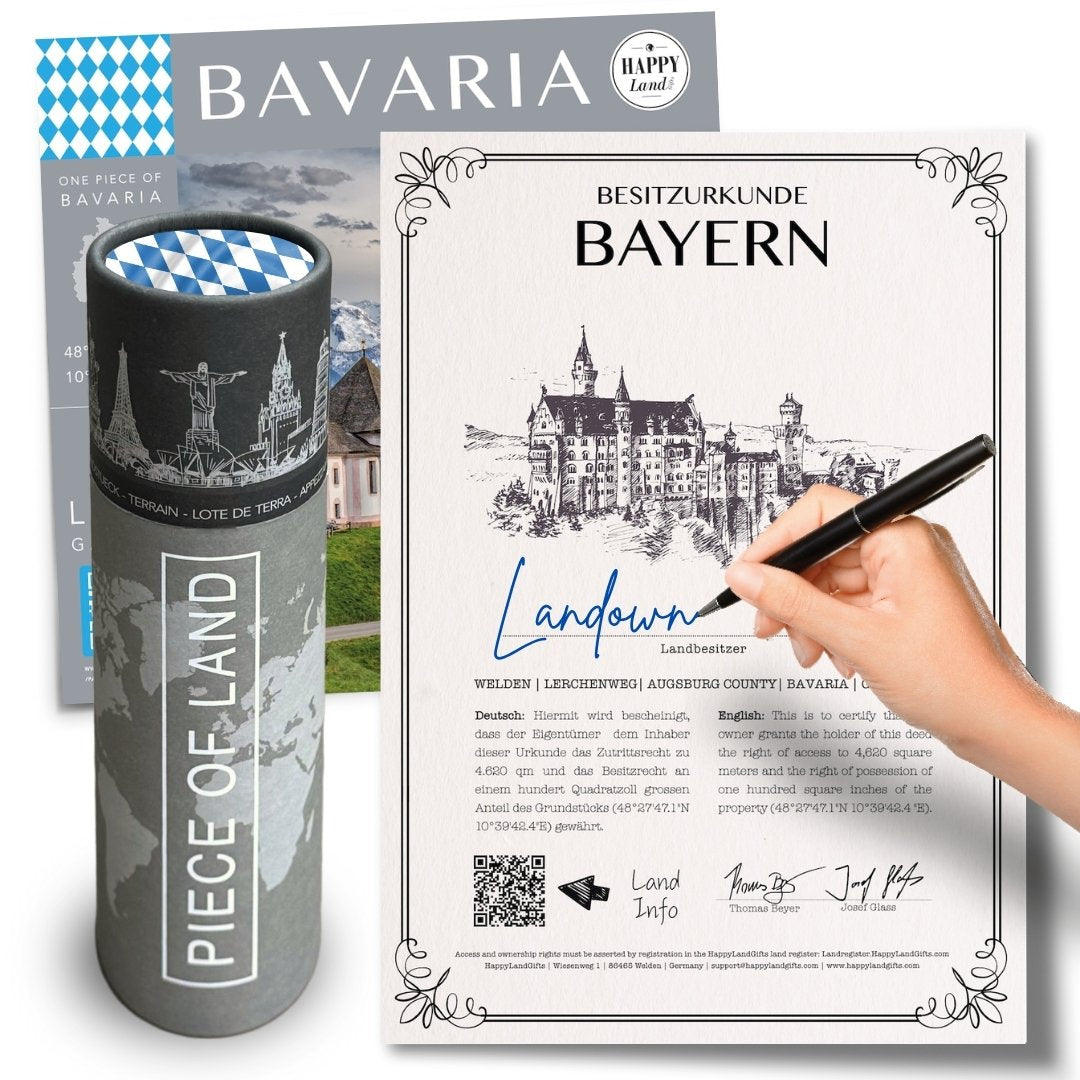 Cylindrical container with Bavarian blue checkered lid and black "Piece of Land" label next to a certificate titled.