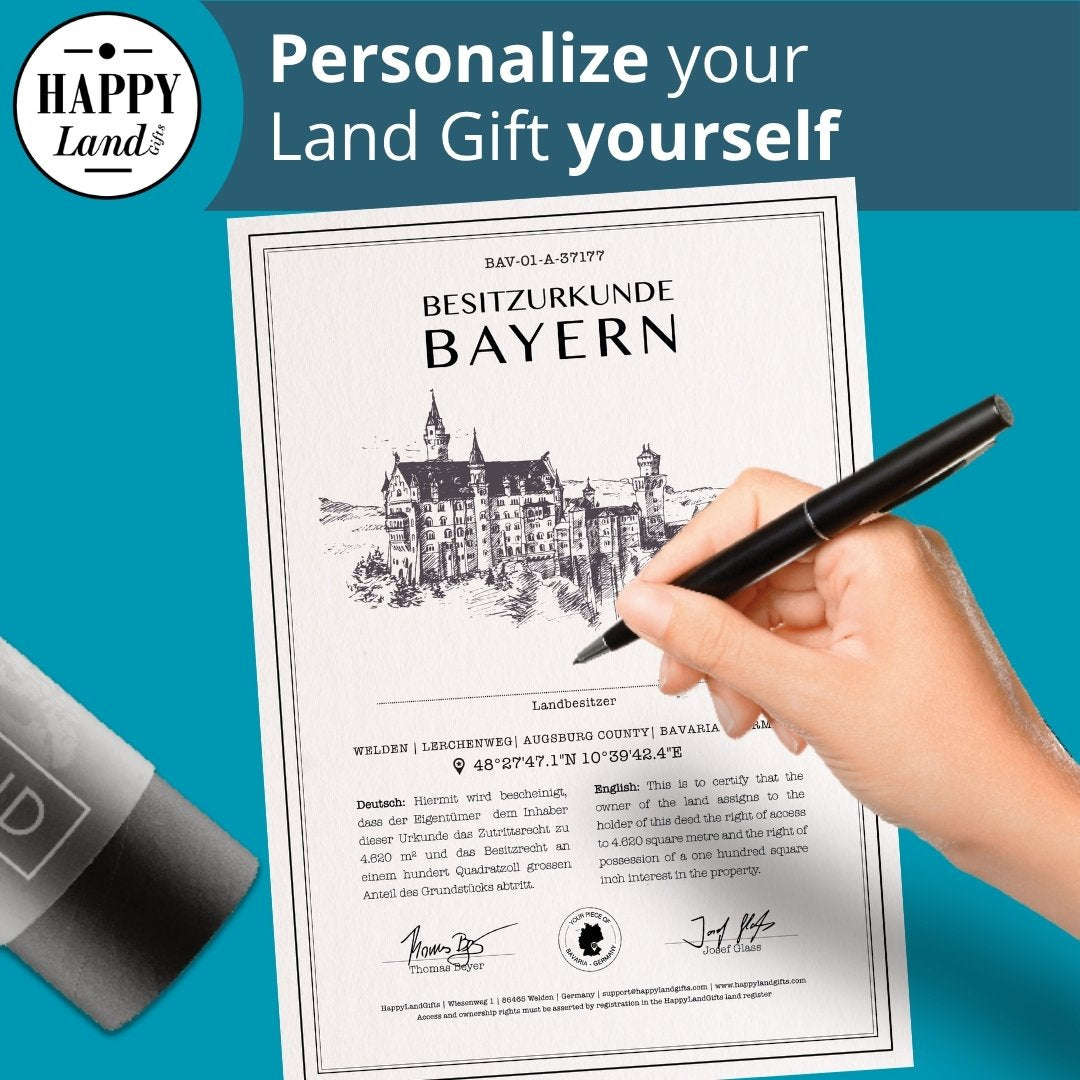 Certificate titled "Besitzurkunde Bayern" with a hand holding a pen signing it, featuring a detailed sketch of a Bavarian.