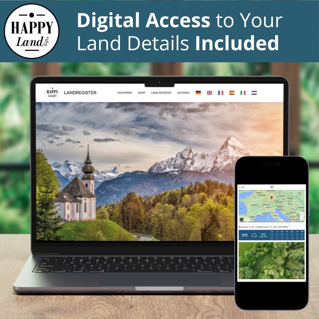Laptop and smartphone displaying Bavarian landscape and digital land details on screens.