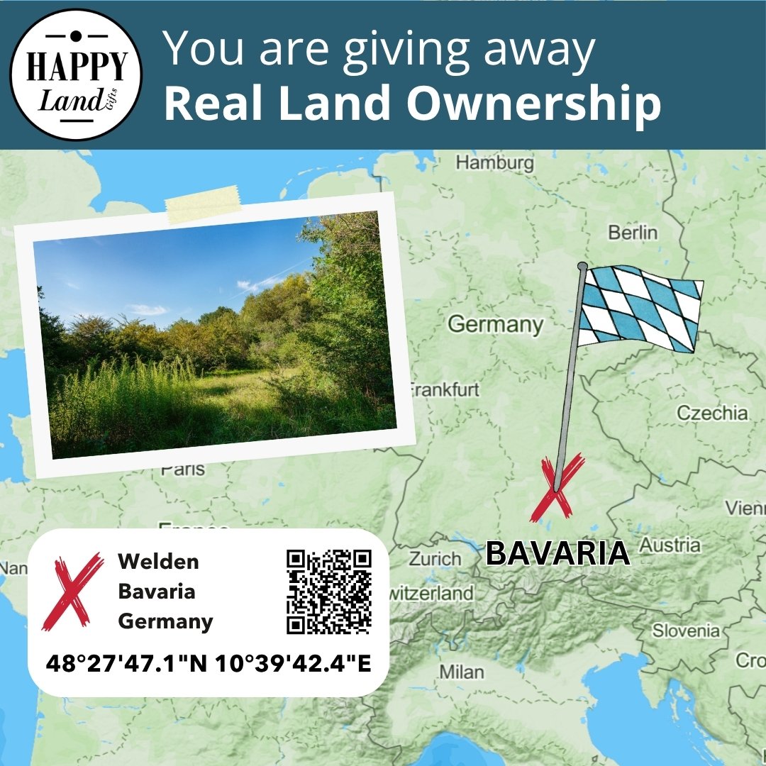 Map showing Bavaria location in Germany with personalized land ownership certificate and blue-white Bavarian flag pin.