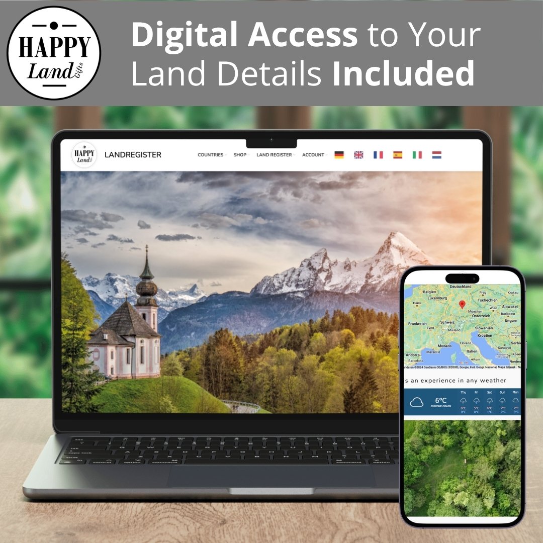 Laptop and smartphone displaying scenic Bavarian landscape and digital map access on wooden table outdoors.