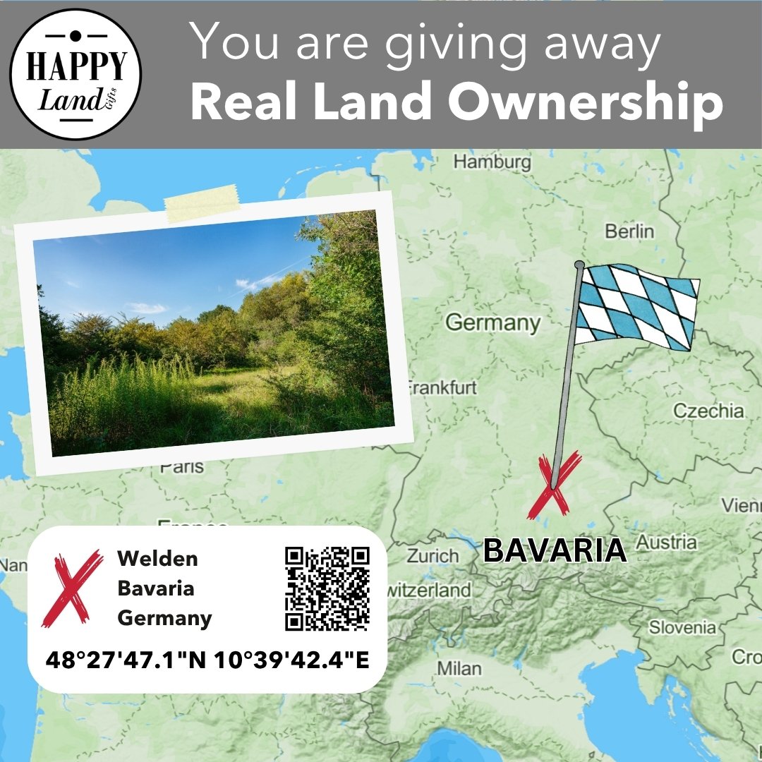 Map highlighting Bavaria, Germany with a Bavarian flag icon and GPS coordinates below a scenic landscape photo with trees.