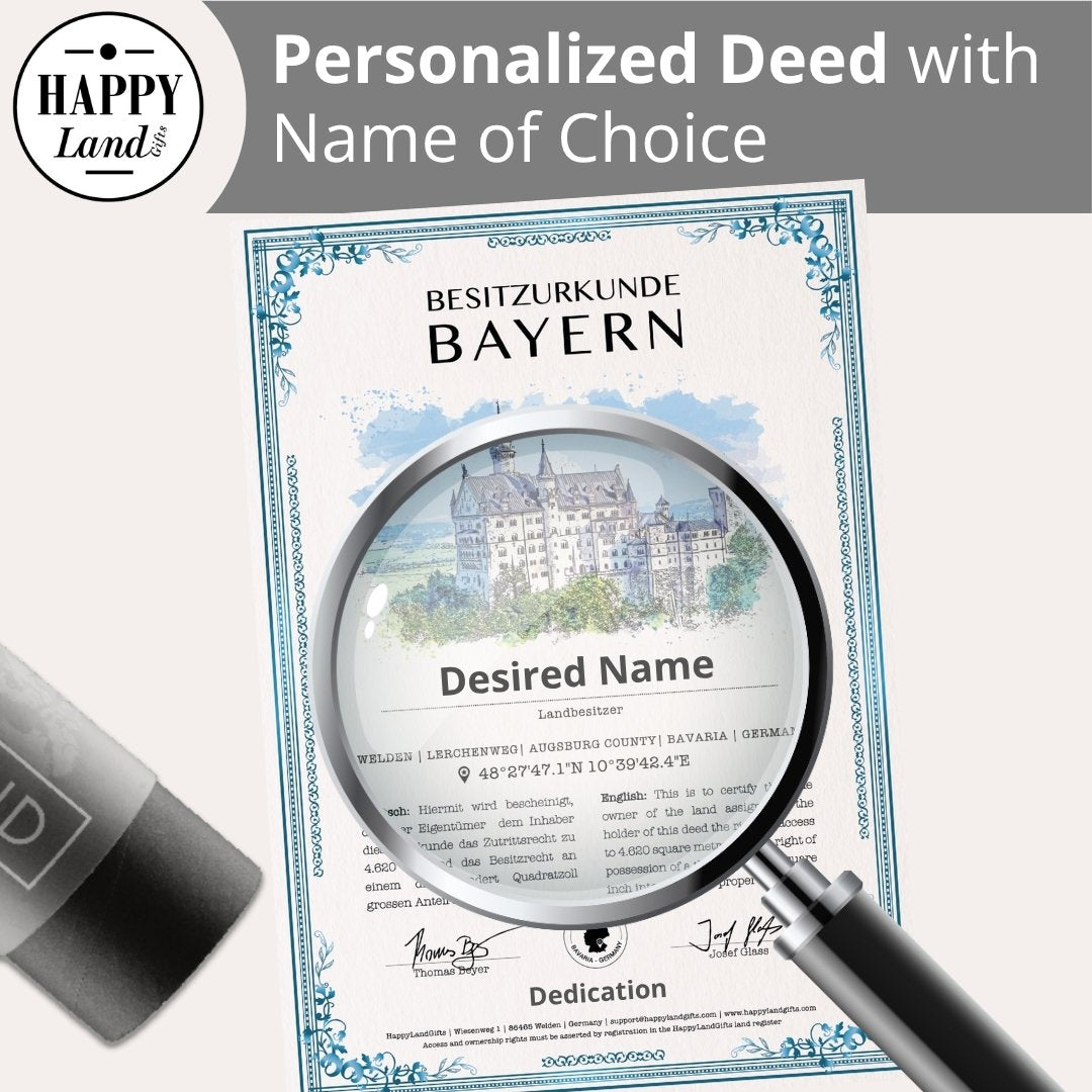 Magnifying glass highlighting personalized deed with Bavarian castle illustration and decorative blue border.