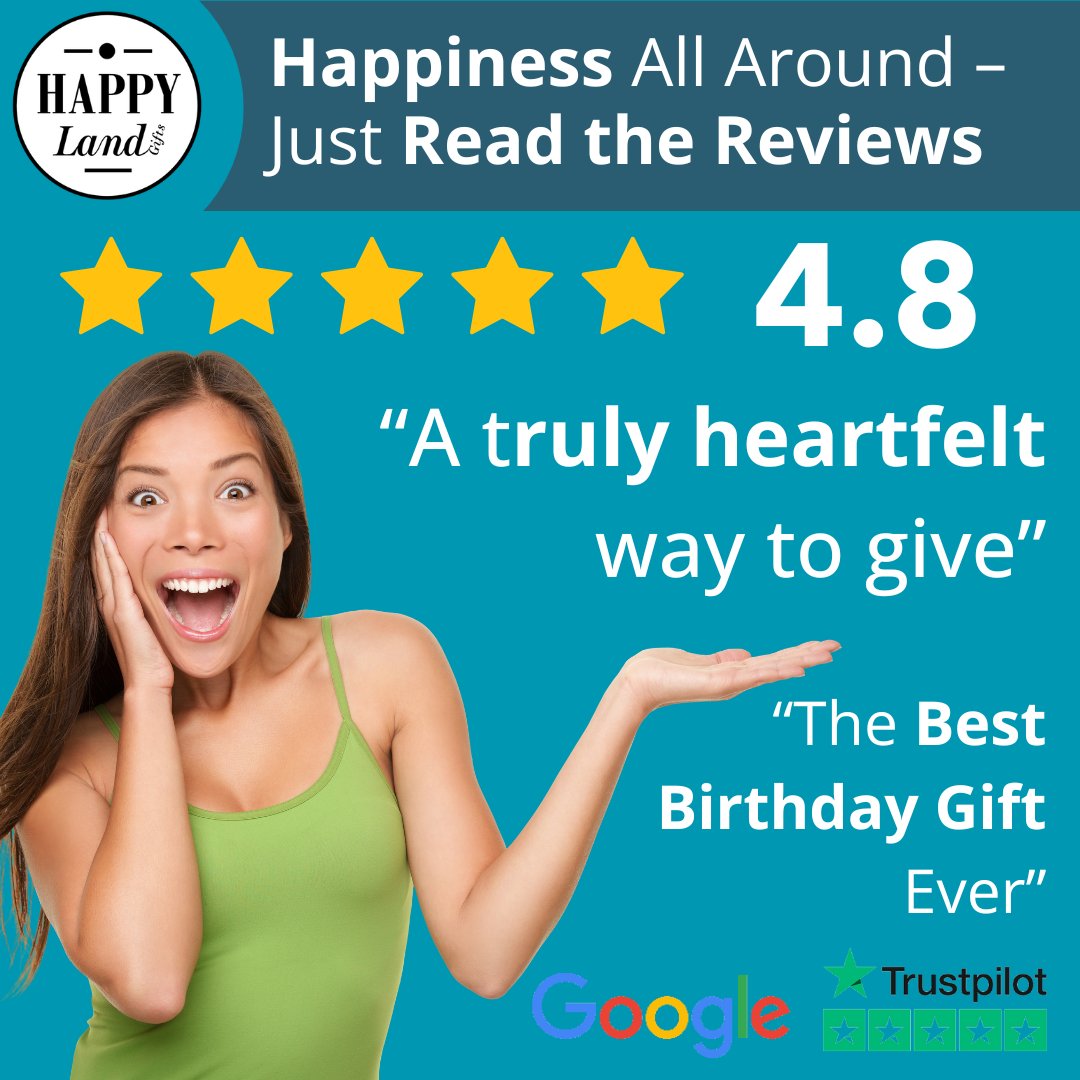 Blue promotional graphic with a surprised woman, five-star rating, and positive gift reviews text.