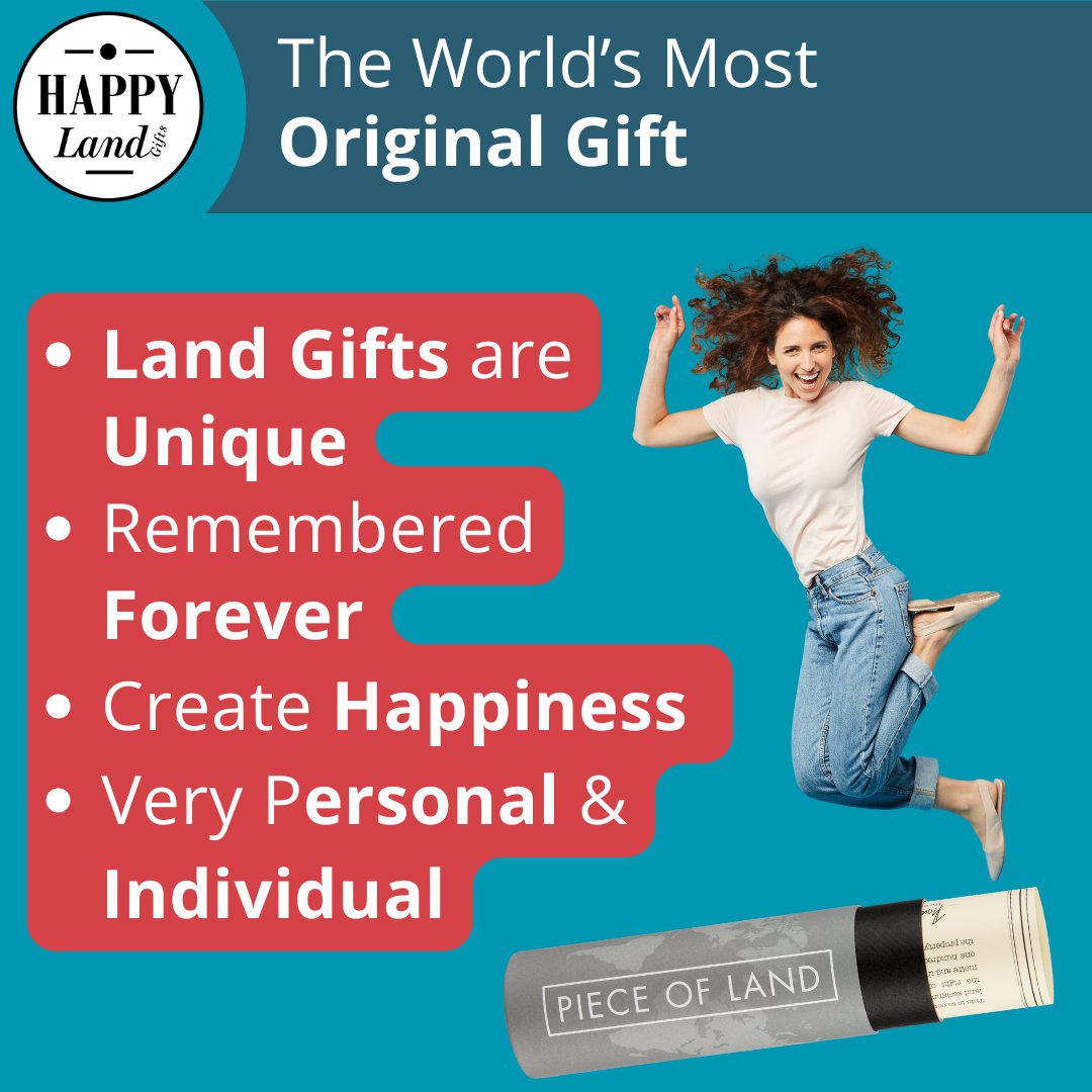 Tube labeled "Piece of Land" with text highlighting unique, personal, and memorable land gifts alongside a joyful woman.