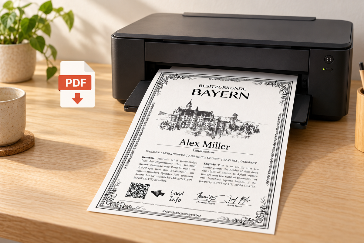 Drucker auf hellem Holz mit einer Schwarz-Weiß-Bayern-Urkunde im Ausgabefach und einem PDF-Zeichen