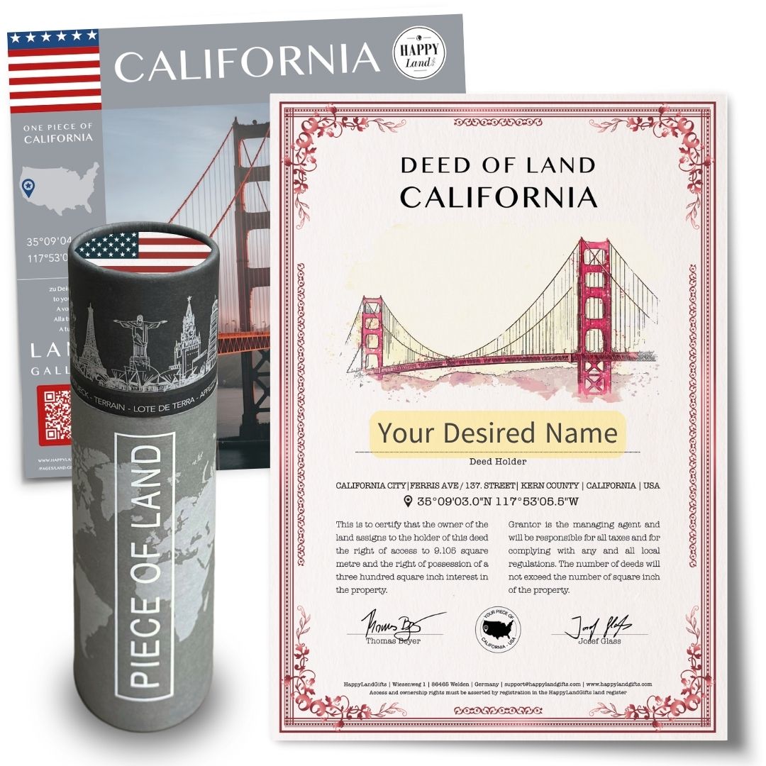 Personalized California land deed with Golden Gate Bridge illustration and black cylinder gift box with USA flag design.