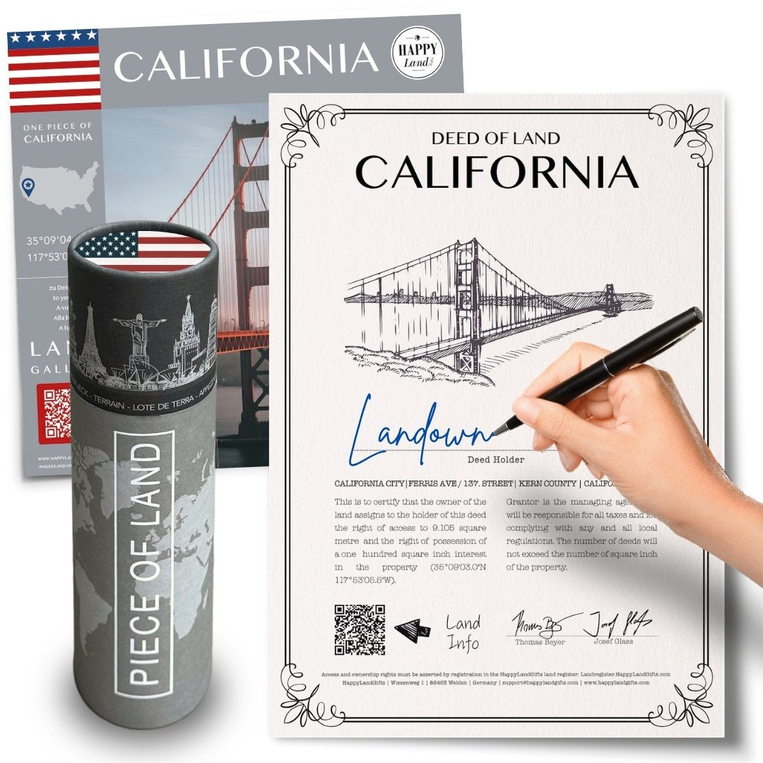 Personalized California land deed with Golden Gate Bridge illustration and hand signing, gift tube with California design.