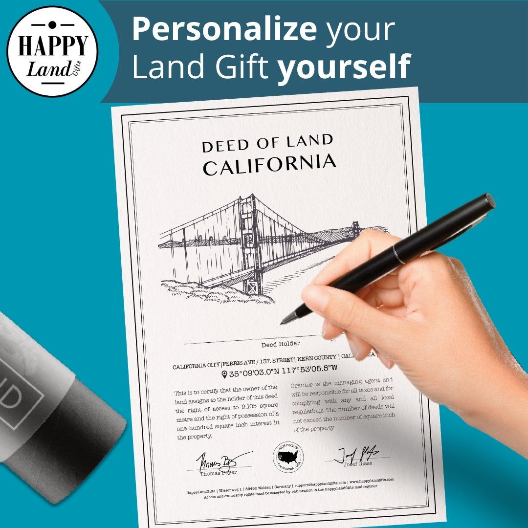 Personalized California land deed with Golden Gate Bridge sketch and a hand signing with black pen.