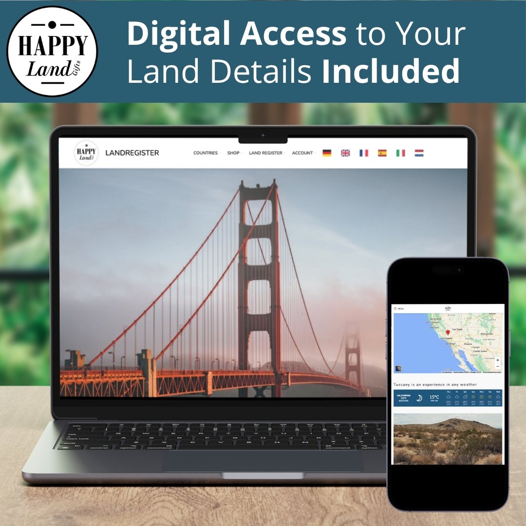 Laptop displaying the Golden Gate Bridge with a phone showing a map and California land photo.