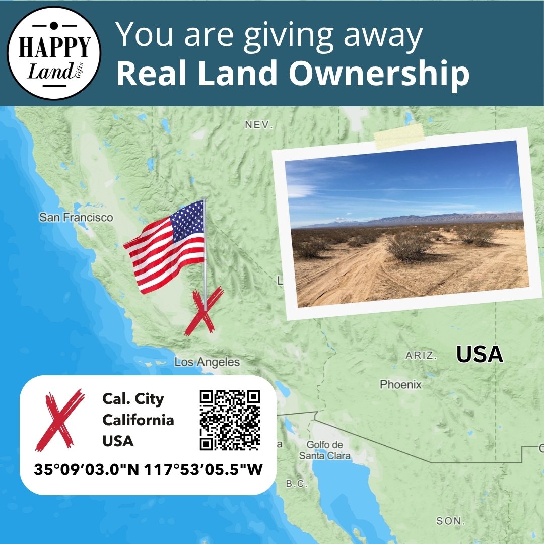 Map highlighting a marked land spot in California with an American flag and inset photo of desert terrain.