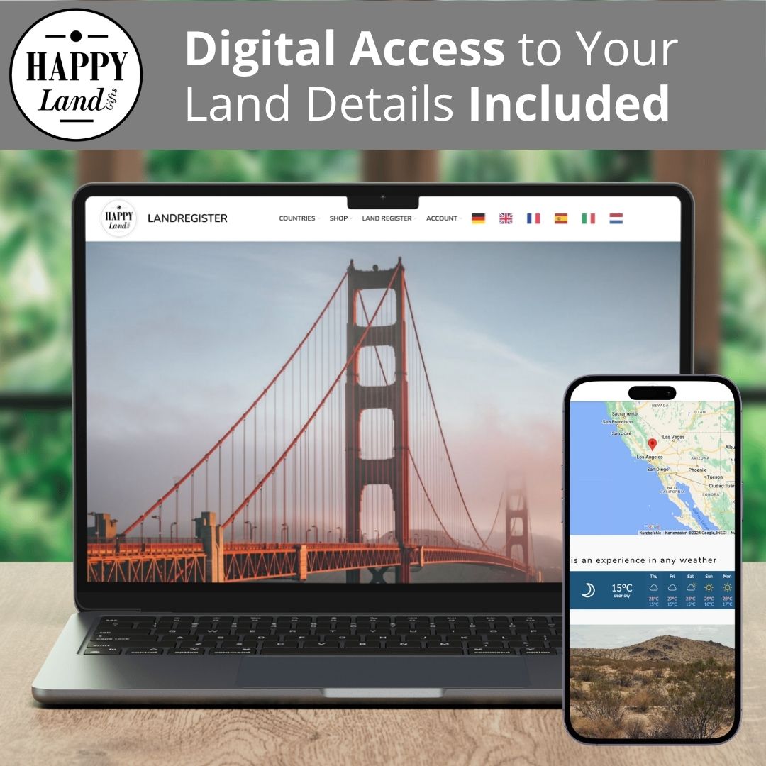 Laptop screen showing Golden Gate Bridge with digital land access website; smartphone displaying map and land details.