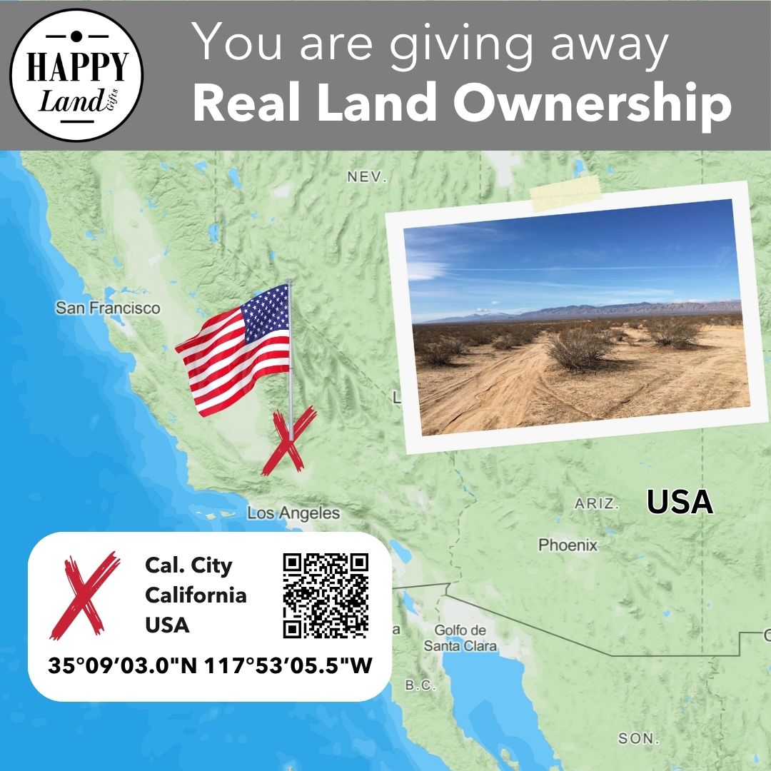 Map of California with an American flag marking land ownership, red X on Cal City coordinates, and inset photo of desert land.