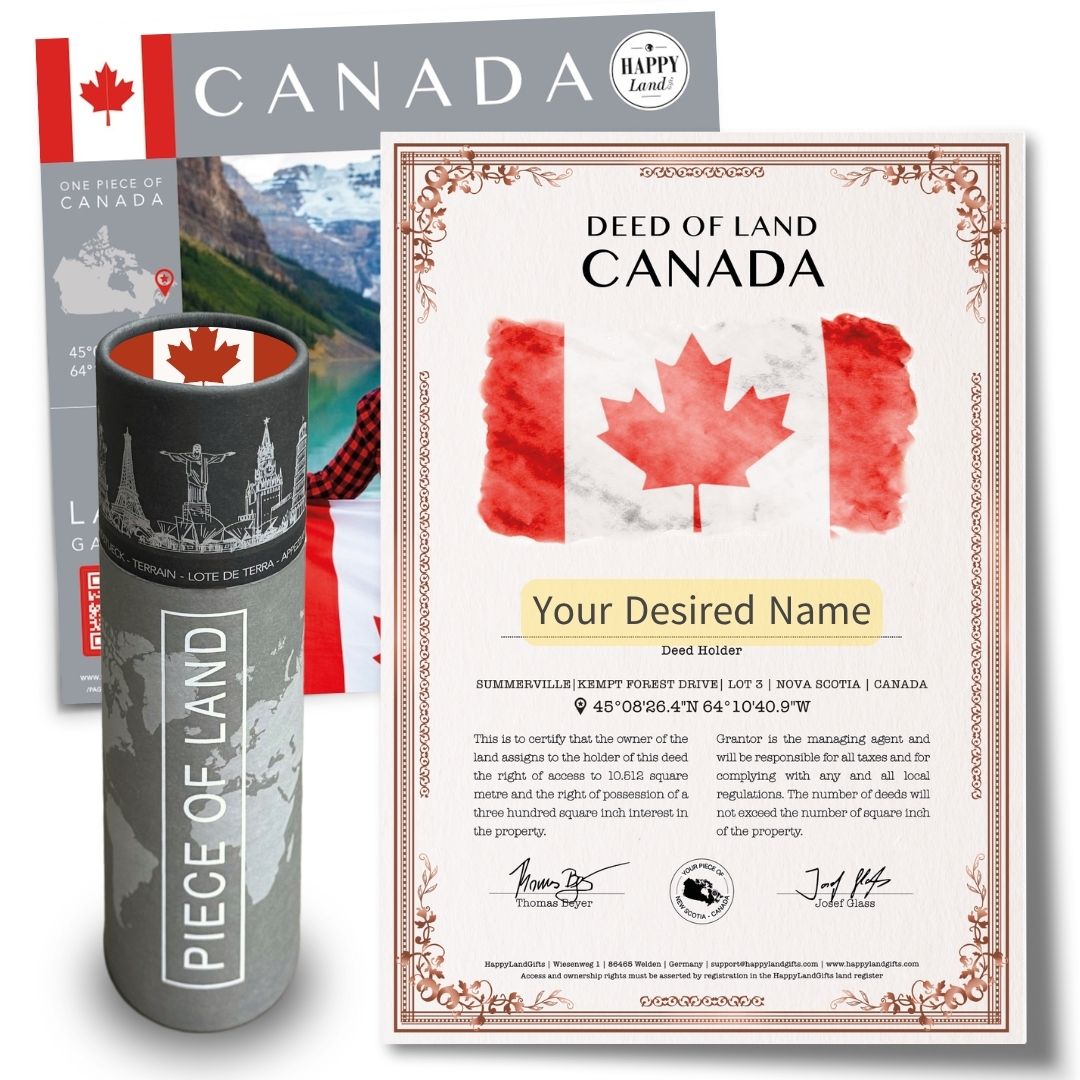 Deed of Land Canada certificate with maple leaf design and personalized name space next to black container labeled Piece of.
