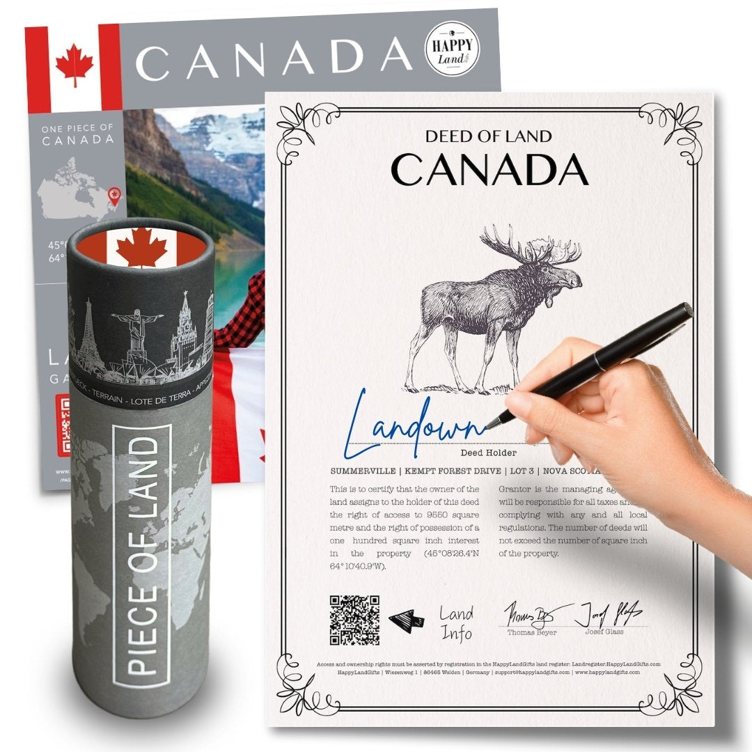 Personalized Canadian land deed with moose illustration, hand signing, and Canadian flag-themed packaging.