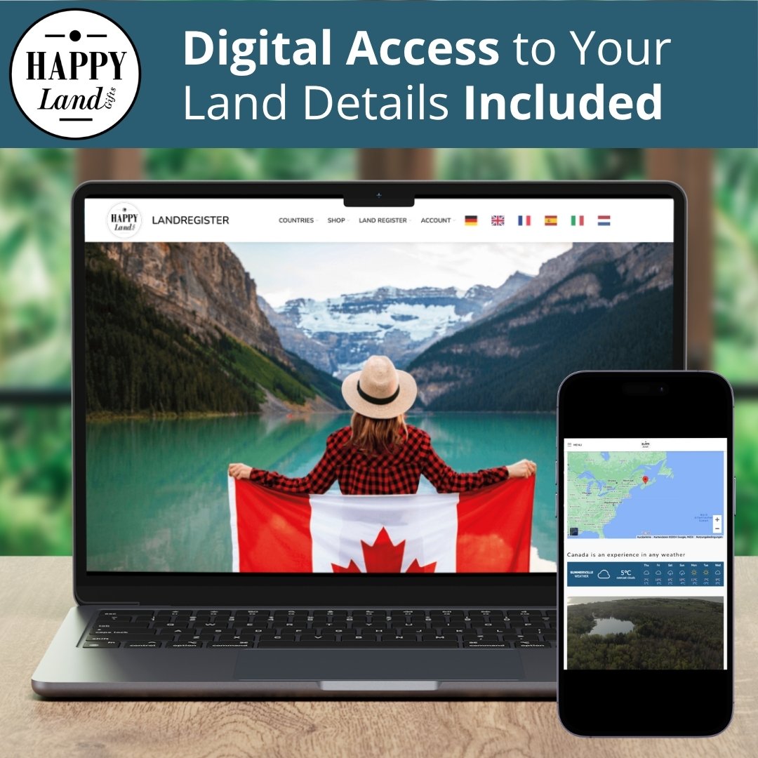 Laptop displaying Canadian landscape with person holding a Canadian flag, smartphone showing map and land details.