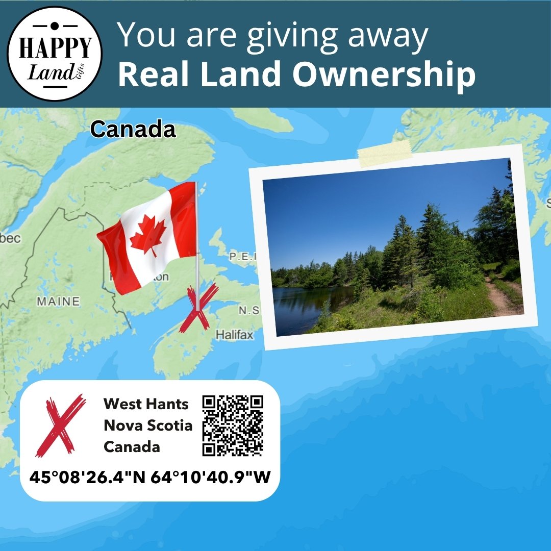 Canadian flag overlaid on a map of eastern Canada with a red X marking West Hants, Nova Scotia, and an inset photo of a.