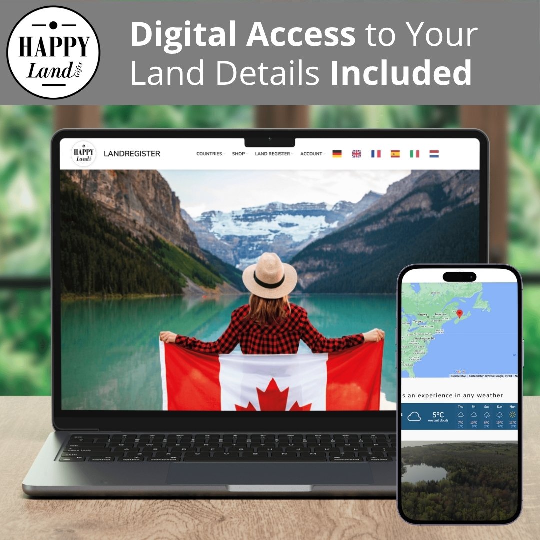 Laptop showing person wrapped in Canadian flag overlooking lake and mountains, smartphone displaying map and location details.