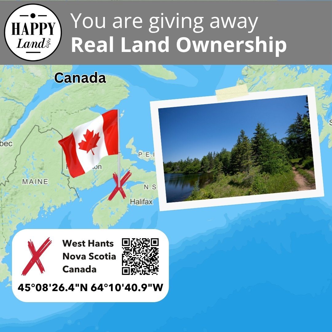 Canadian flag overlaid on a map marking West Hants, Nova Scotia with a red X and a photo of forested lakeside land nearby.