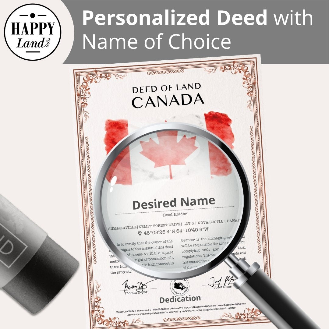 Personalized Canadian land deed with red maple leaf and magnifying glass highlighting customizable name.