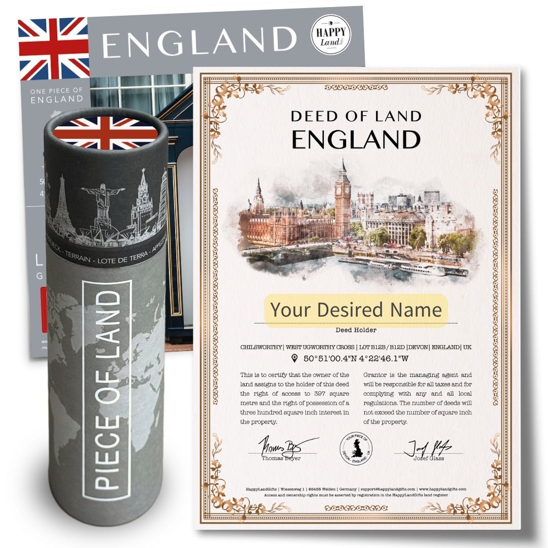 Personalized deed of land in England with watercolor cityscape and custom name placeholder next to cylindrical gift tube.