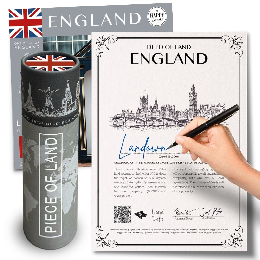Personalized England land deed with black pen, British flag-themed tube packaging, detailed cityscape illustration.
