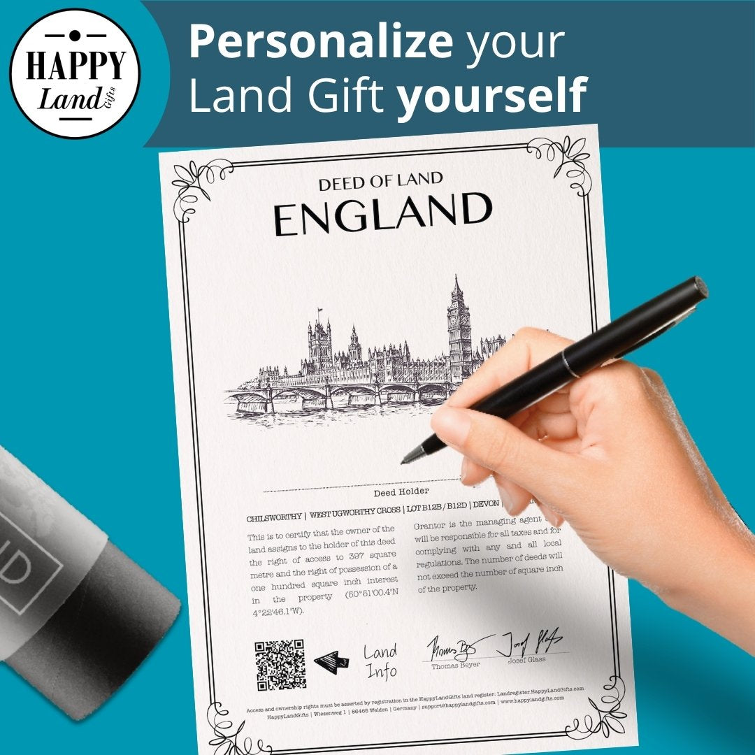 Personalized certificate titled "Did of Land England" with sketch of Big Ben and River Thames on white paper against blue.