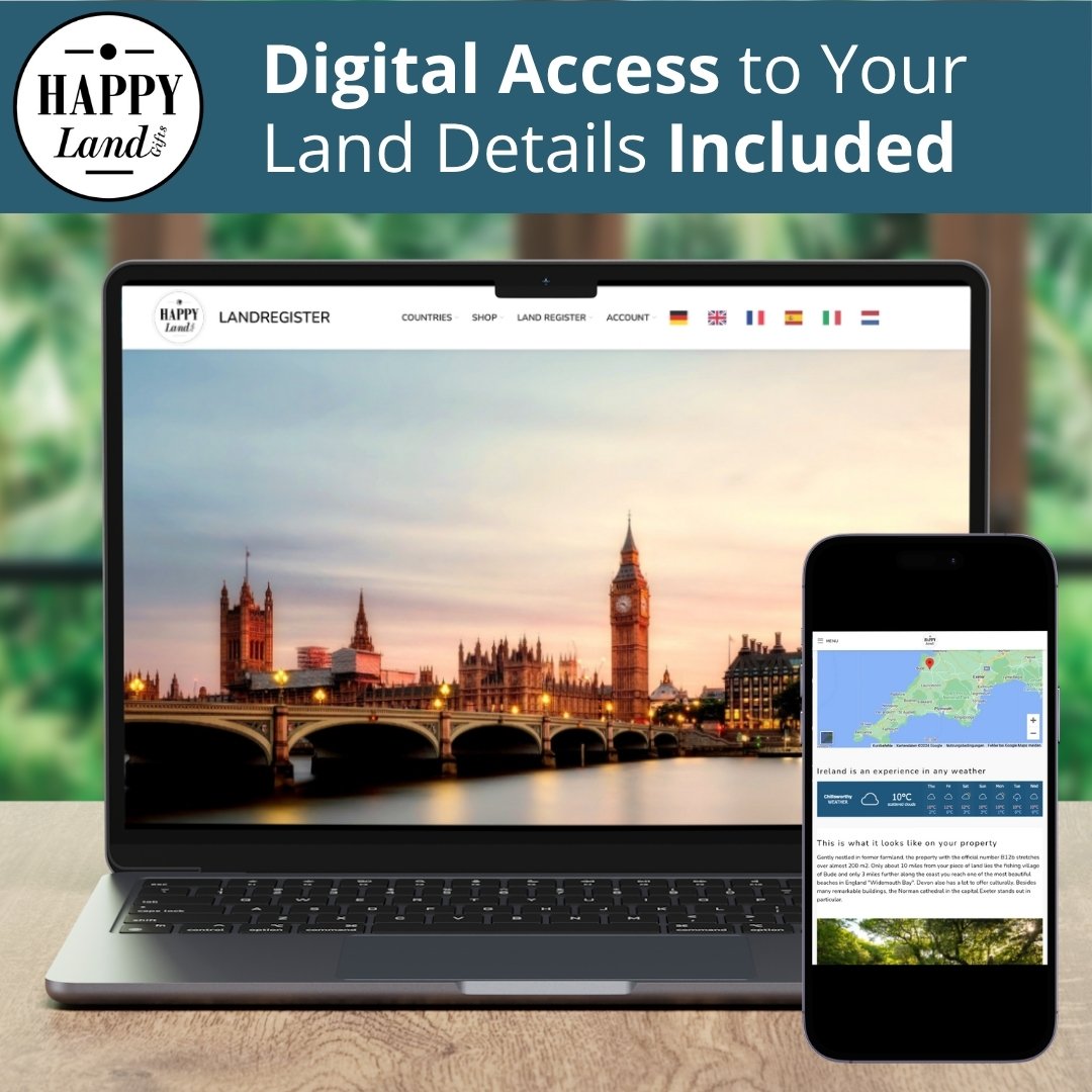 Laptop and smartphone displaying personalized digital map and details of England at sunset.