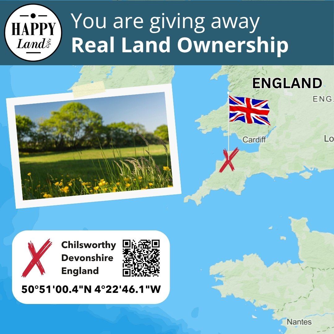 Map of England highlighting Chilsworthy, Devonshire with a red X and coordinates, alongside a green countryside photo and a.