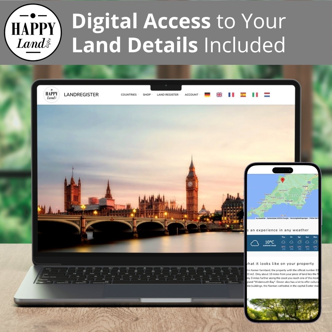 Laptop displaying a London cityscape with Big Ben and a smartphone showing a map and text.