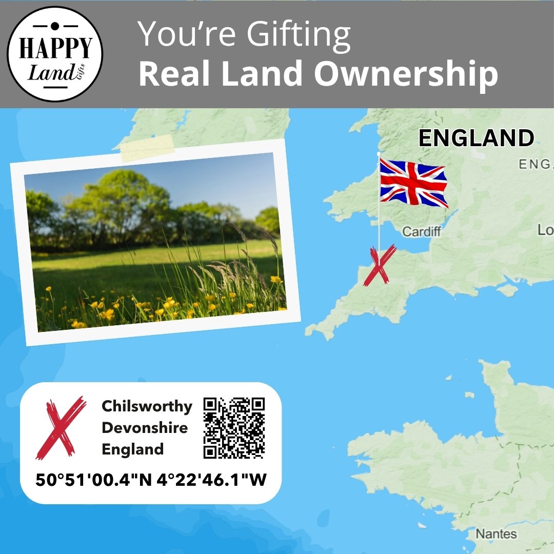 Personalized map showing land ownership in Chilsworthy, Devonshire, England with UK flag and location coordinates.