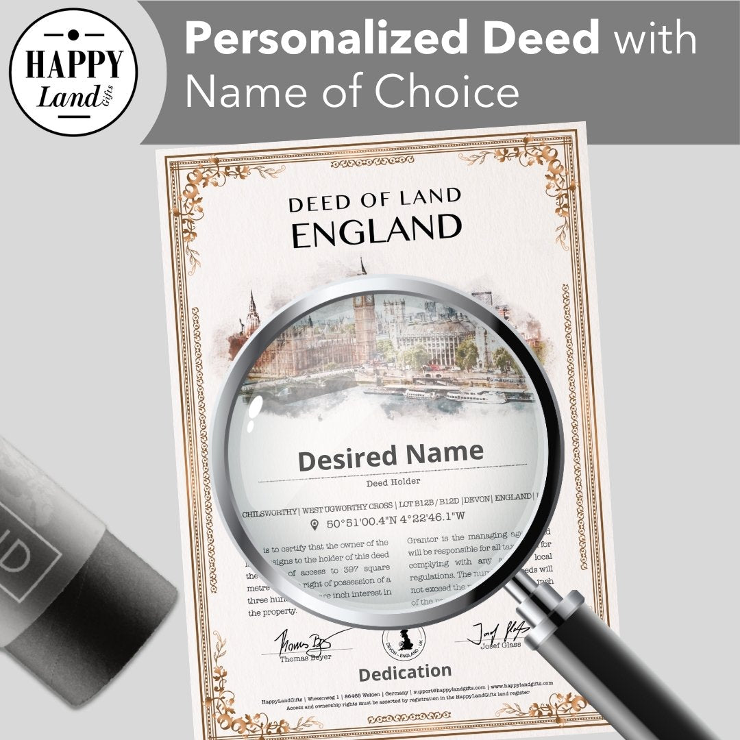 Personalized deed for a piece of England with magnifying glass highlighting customizable name and signatures.
