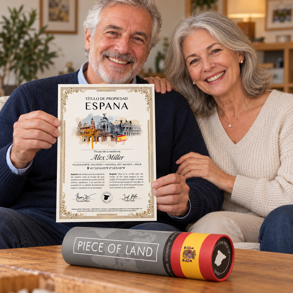 Two people enjoy a Spain land gift with a personalised certificate and matching gift tube