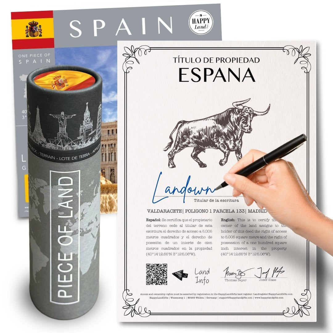 Cylindrical black container with Spain landmarks and "Piece of Land" label beside a personalized Spain property certificate.