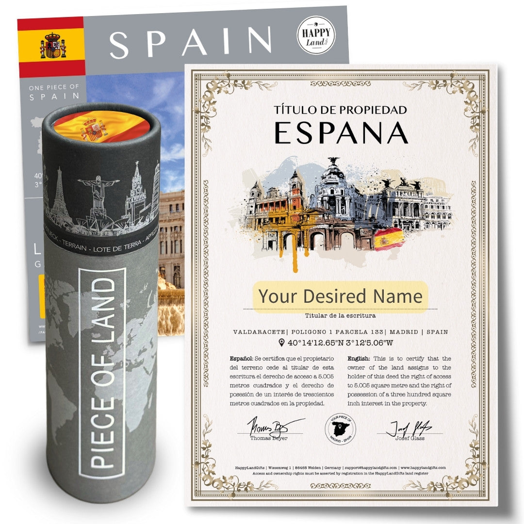 Cylindrical black gift box with Spain landmarks design and customizable Spanish property certificate with ornate gold border .