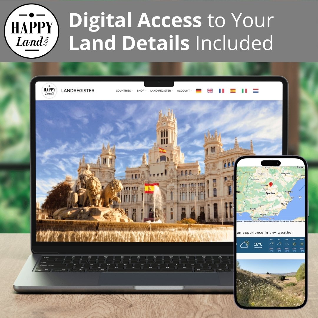 Laptop displaying detailed photo of Spanish landmark with digital map on smartphone nearby.