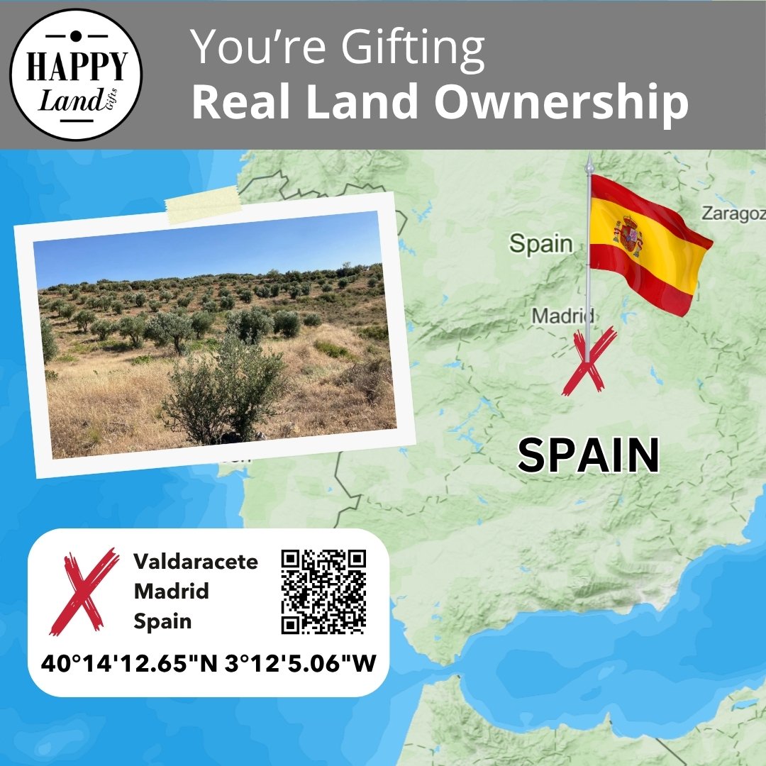 Map of central Spain highlighting Valdaracete near Madrid with a Spanish flag and coordinates alongside a small photo of.