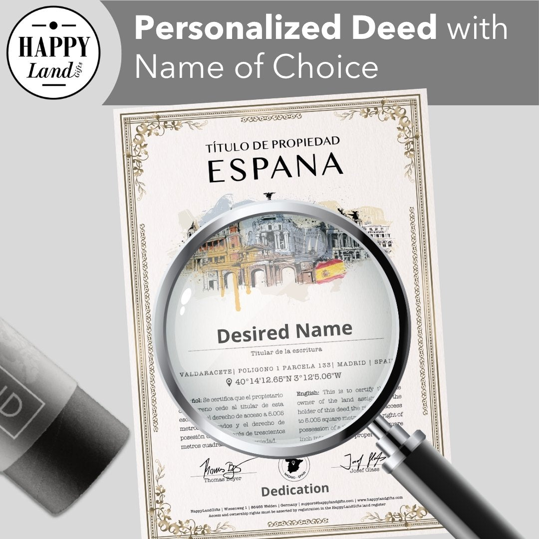 Personalized España land deed with vintage design, magnifying glass highlighting customizable name.