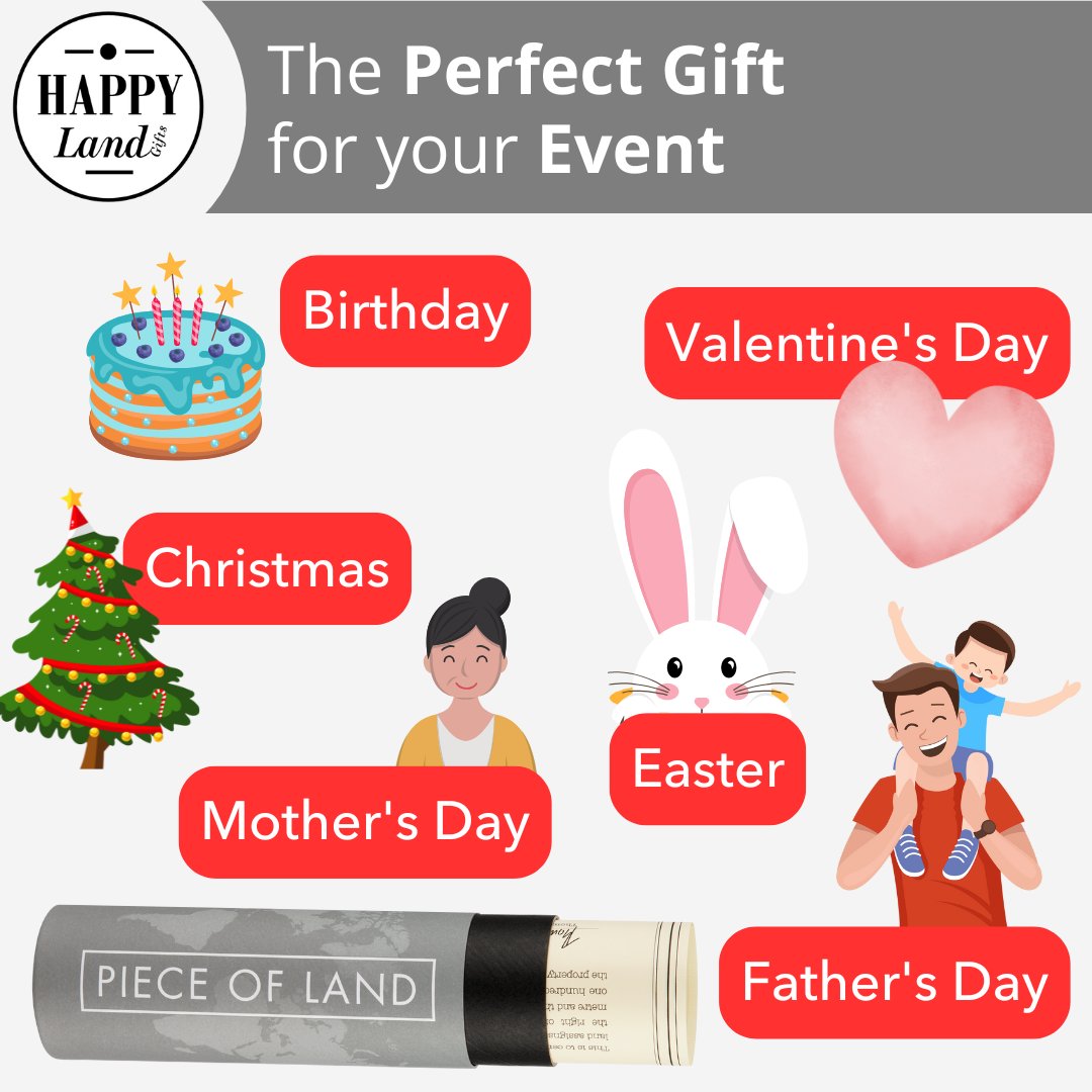 Gift tube labeled "Piece of Land" with illustrated icons for birthday, Valentine's Day, Christmas, Mother's Day, Easter, and .