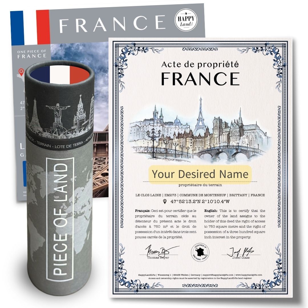 Personalized certificate with French cityscape and black tube case with France flag colors and landmarks design.