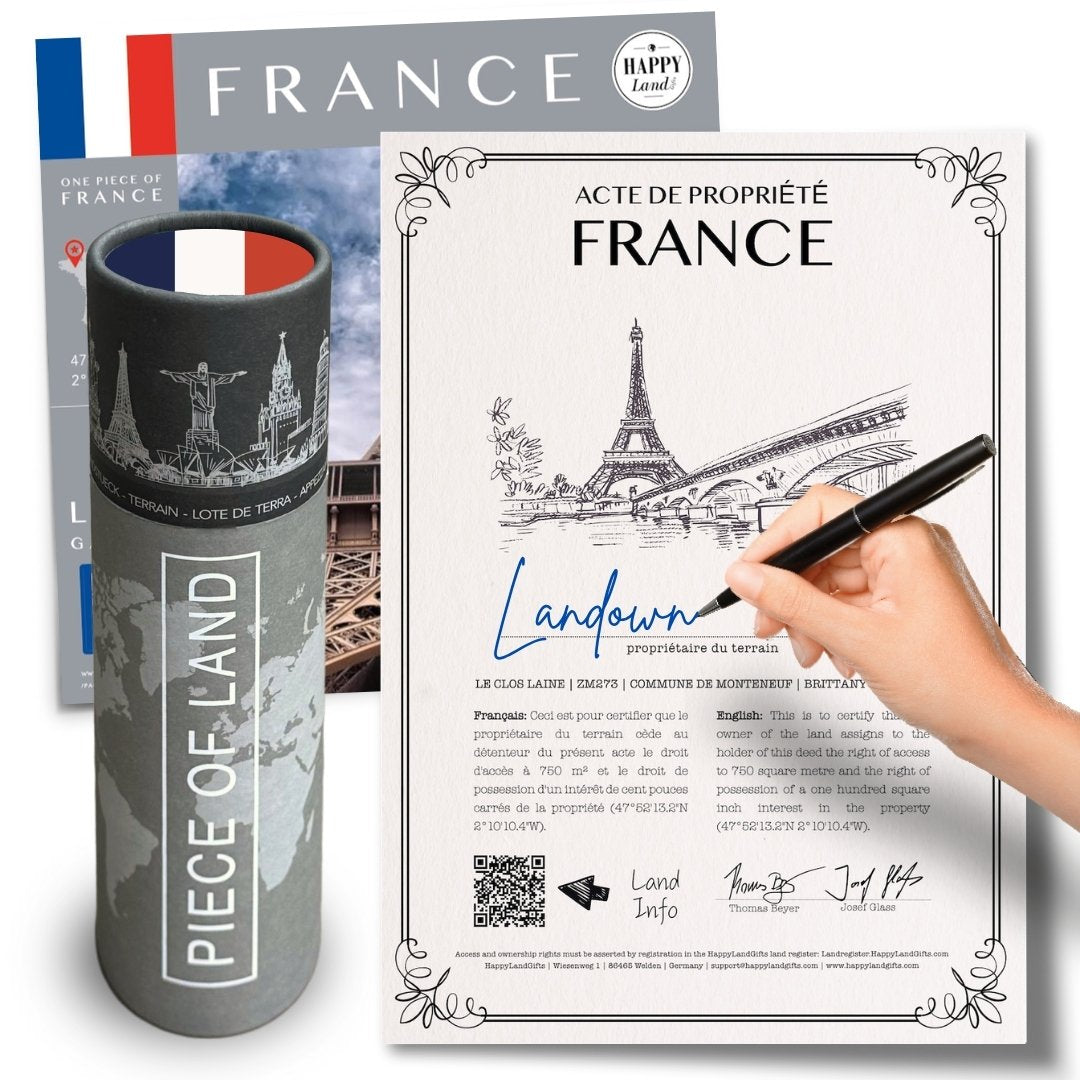 Personalized France land ownership certificate with Eiffel Tower illustration and hand signing pen, accompanied by branded.
