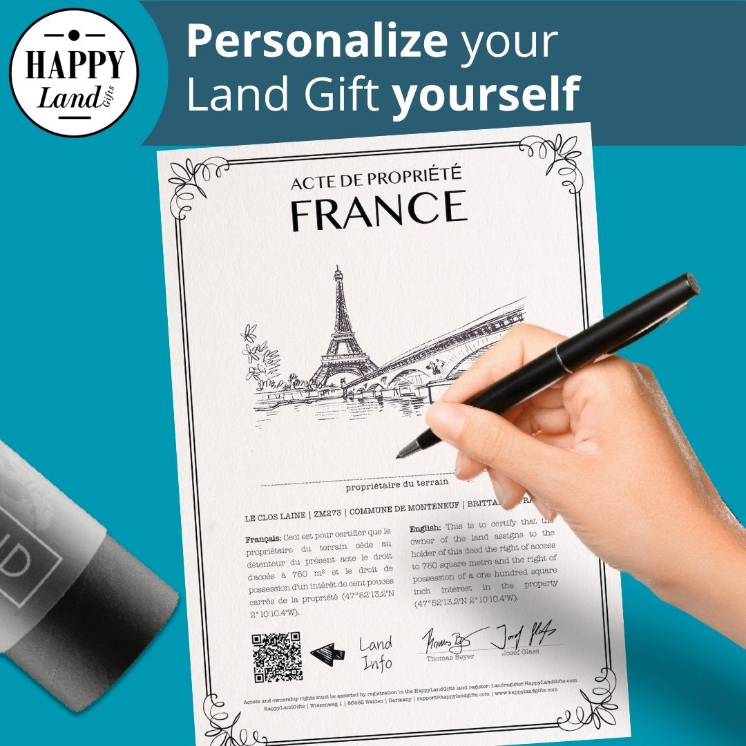 Personalized land deed certificate for France with Eiffel Tower sketch and handwriting area on blue background.