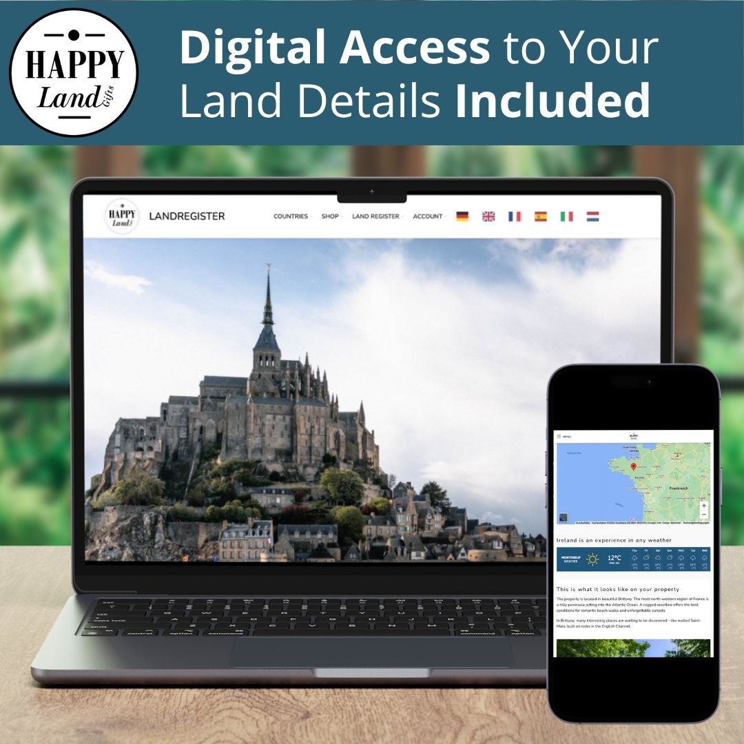 Laptop showing Mont Saint-Michel in France and smartphone displaying map and land details app.