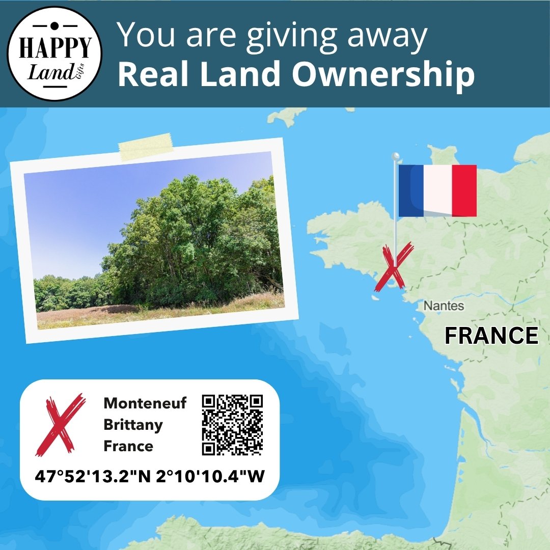 Map showing location of land in Monteneuf, Brittany, France with French flag and red X mark, inset photo of green trees on.