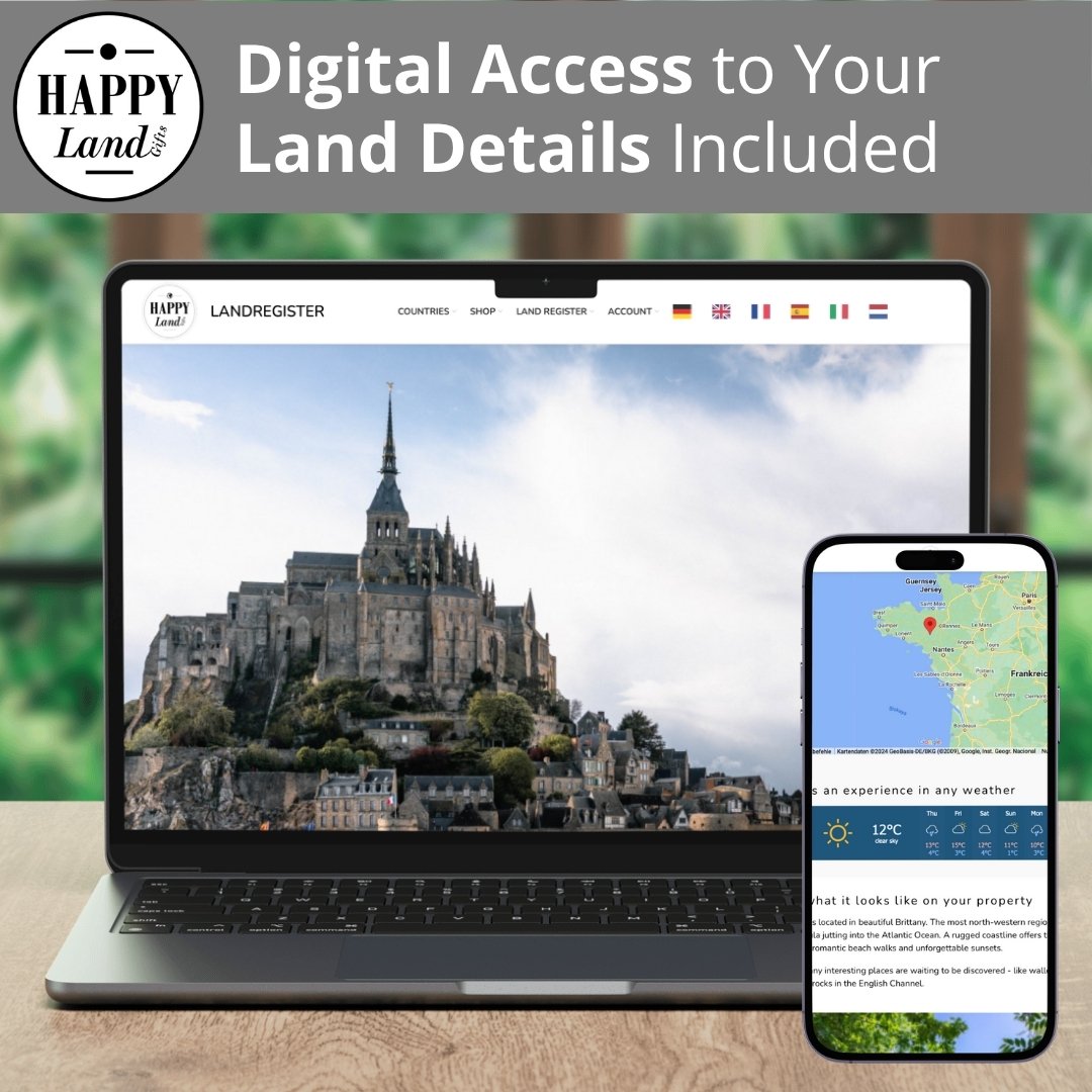 Laptop displaying Mont Saint-Michel webpage and smartphone showing map with location details.