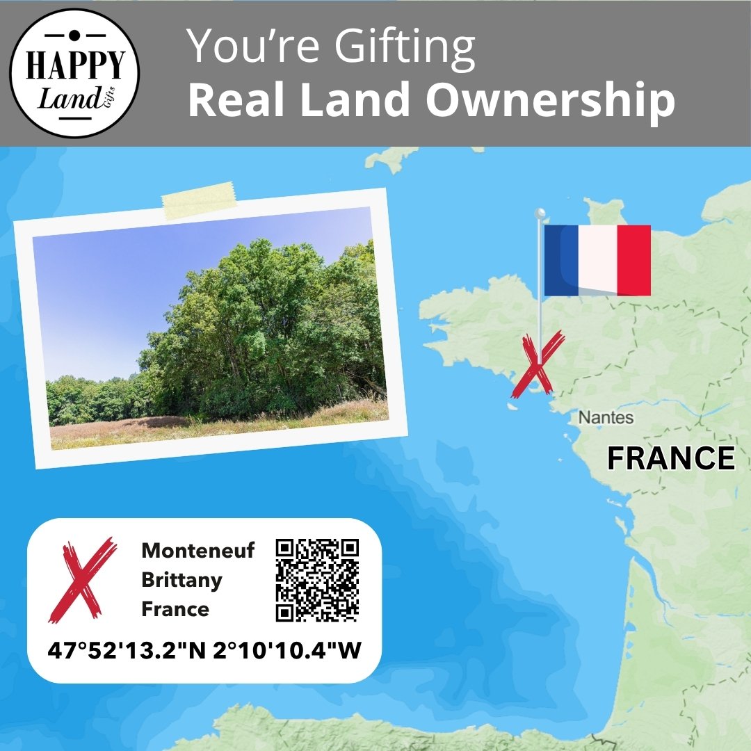 Map highlighting land ownership in Brittany, France with a French flag and a red location marker near Nantes, plus a photo.