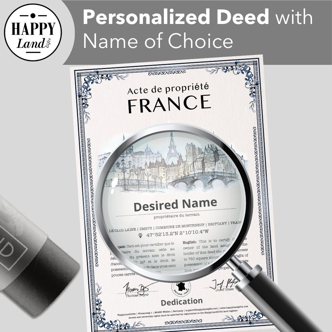 Personalized deed titled "Acte de propriété France" with customizable name and cityscape background viewed through.