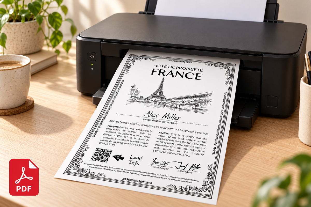 Printer on light oak with a black-and-white France certificate in its output tray and a PDF symbol