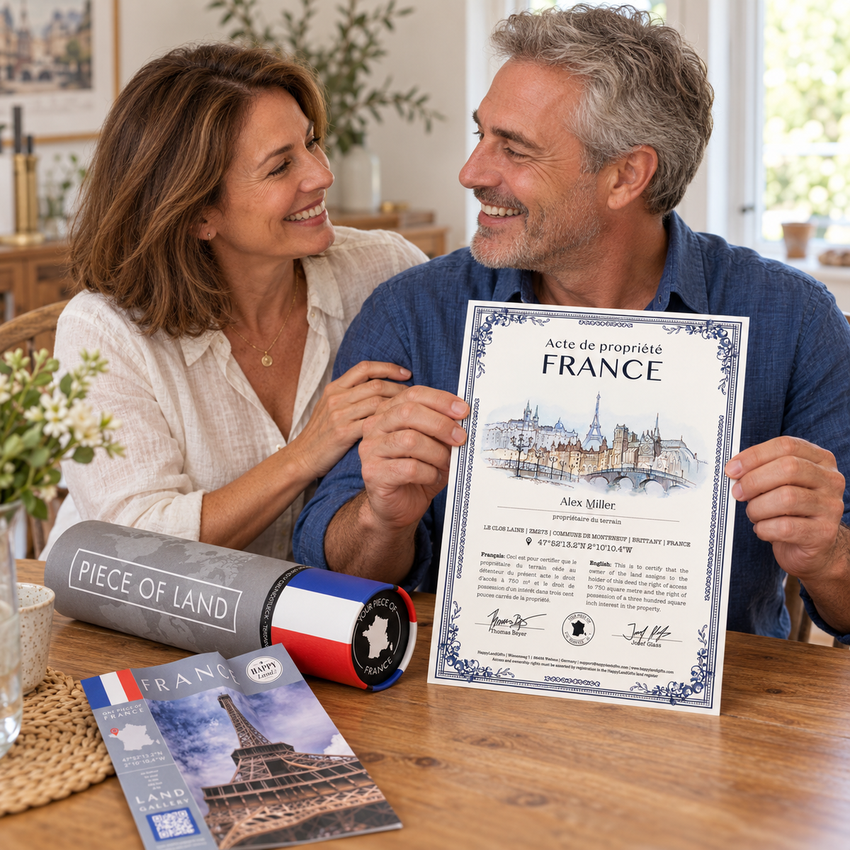Two people enjoy a France land gift with a personalised certificate and tricolour gift tube